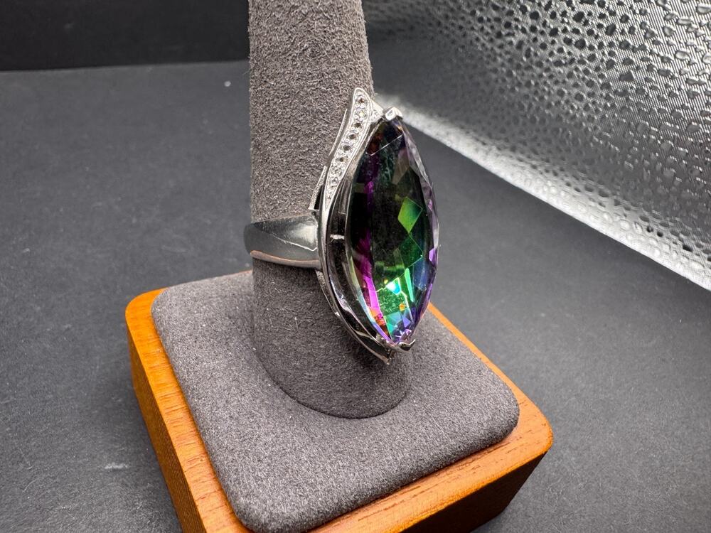 925 Sterling Silver LUC CN Signed Mystic Topaz Halo Cocktail Ring Size 10